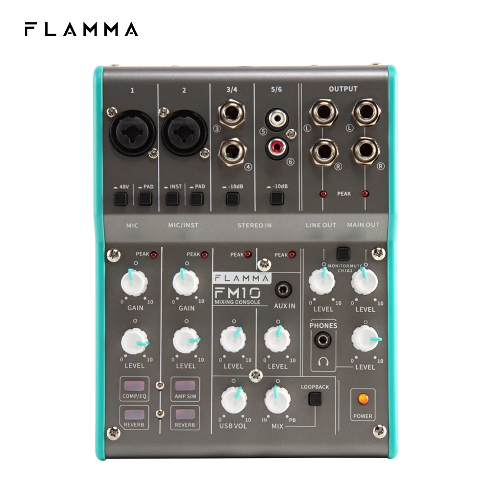 

FLAMMA FM10 Digital Audio Mixer 6 Channel Mixing Console Sound Card 48V Phantom Power USB Interface for PC Recording Live Stream
