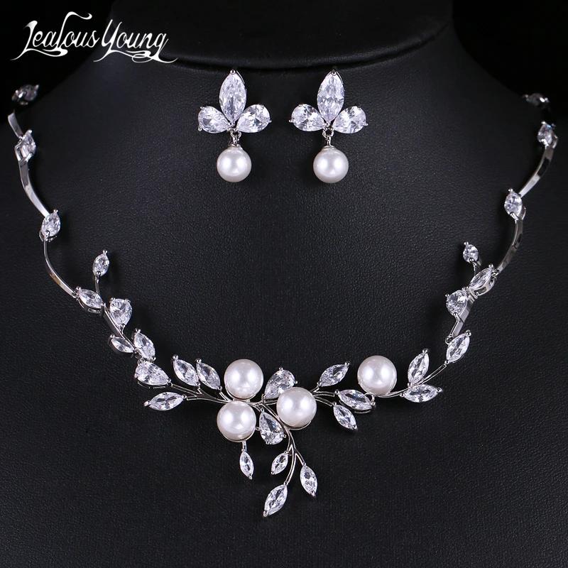 

Luxury Vintage Brand Zircon Pearl Necklace Earrings Jewelry Sets for Women Party Weddings Jewellry Gift