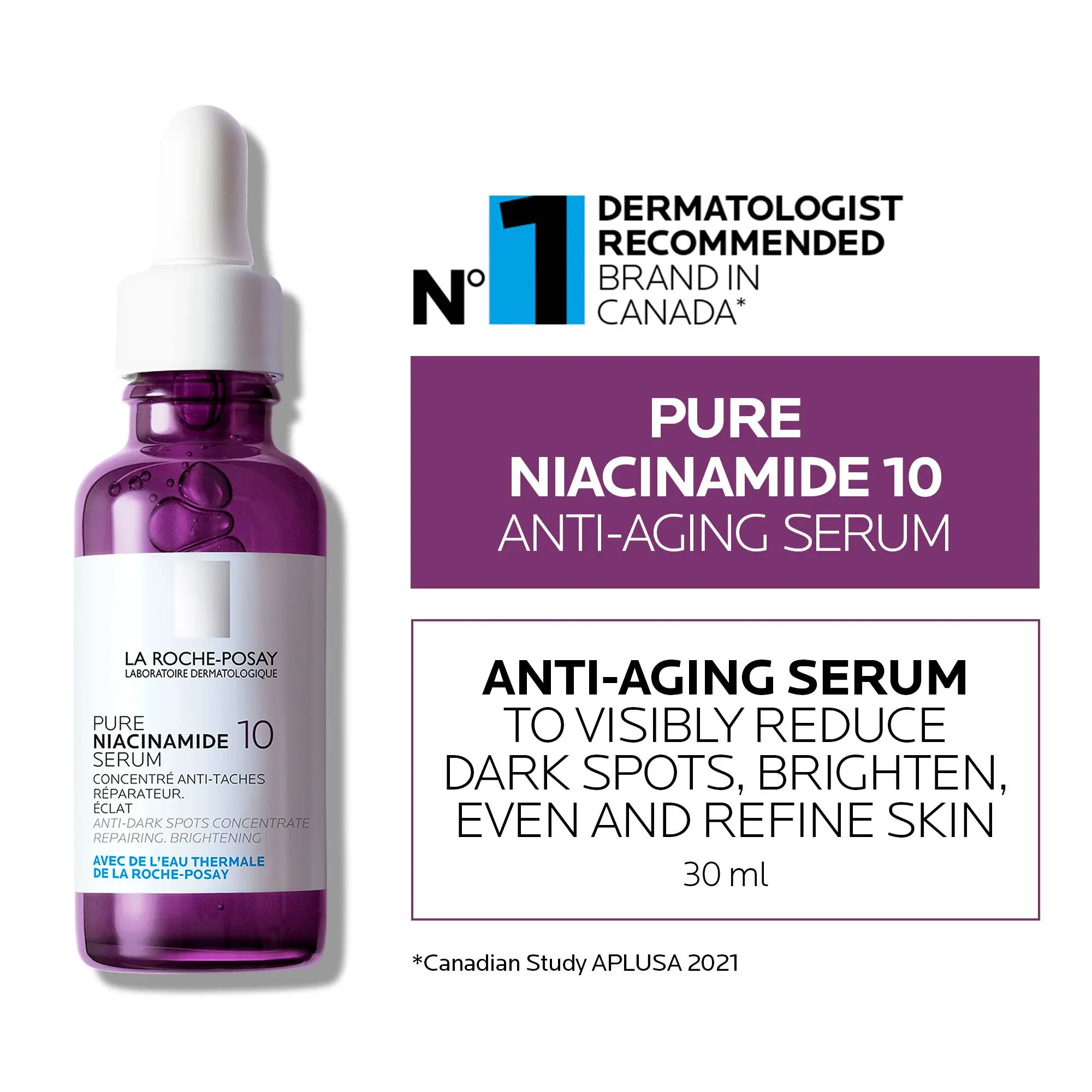 

La Roche Posay PURE Niacinamide 10 Facial Serum 30ml Diminish Dark Spots and Acne Marks Brightens Moisturizes and Soothes Skin