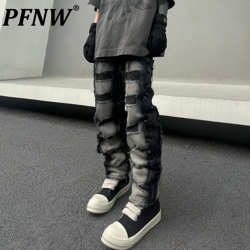 

PFNW Spring Summer New Men's Fashion High Street Worn Out Techwear Jeans Trendy Contrasting Colors Straight Denim Pants 12Z1079