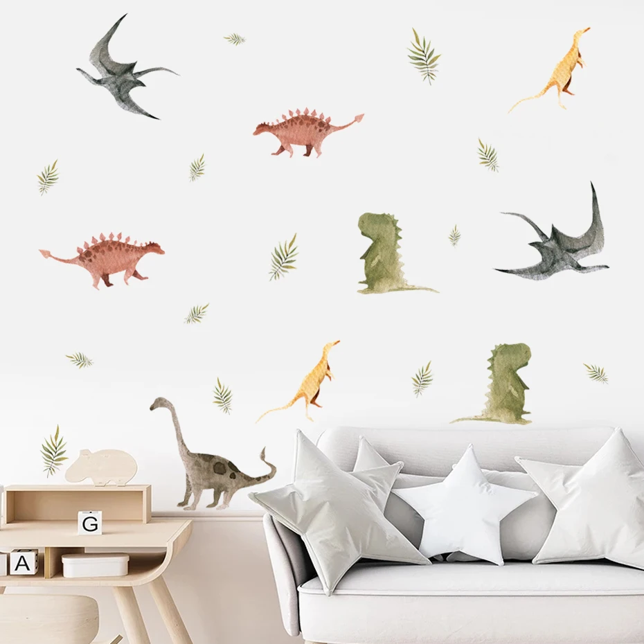 

Cartoon Dinosaur Animal Green Tropical Leaves Nursery Wall Sticker Watercolor Peel and Stick Wall Decals Boy Room Home Decor
