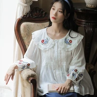 spring womens fashion long sleeve tops cute embroidery lace stitch frill peter pan collared white long sleeve shirts mori girl