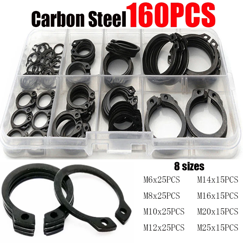 100/160/200Pcs External Retaining Circlips C-clip Washers Ring Internal Circlip Carbon Steel M6-M25 Set |
