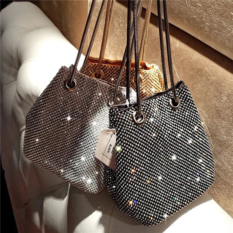 

Женская вечерняя сумочка стразы, мини-сумка-мешок, блестящая сумка через плечо, модная женская мини-сумка с цепочкой со стразами