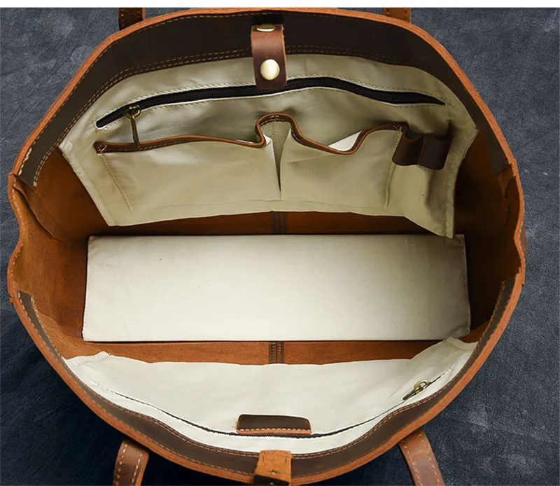 Vintage genuine leather large capacity men women's tote bag simple casual crazy horse cowhide handbag work laptop shoulder bag