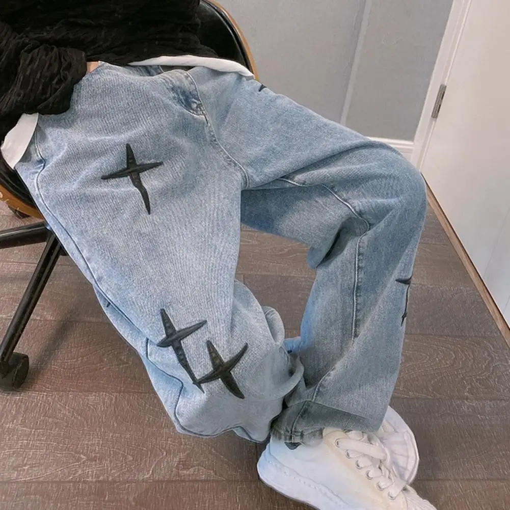 

Джинсы с вышивкой звезд, винтажные мужские джинсы с широкими штанинами с вышивкой, стильная уличная одежда с искусственными штанинами в стиле хип-хоп Vibes для мужчин