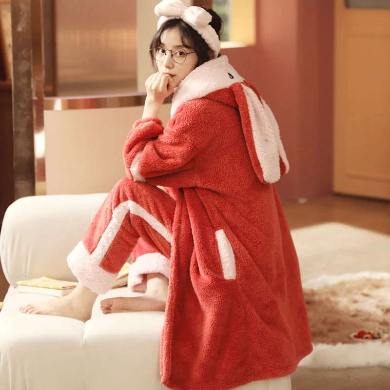 Kawaii Animal Rabbit Pajamas Sets Womens Winter Warm Flannel Thickened Nightgown Suit Hooded Long Bathrobe Set Lovely Sleepwear