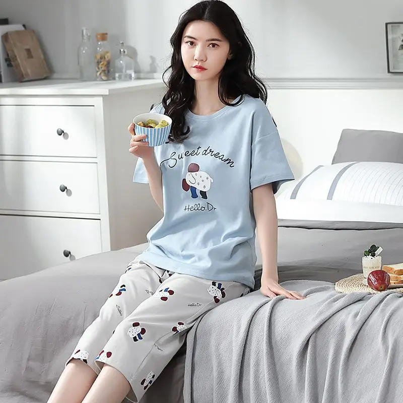 Summer new women's cotton pajamas set short-sleeved shorts thin loungewear loose plus size two-piece plus size