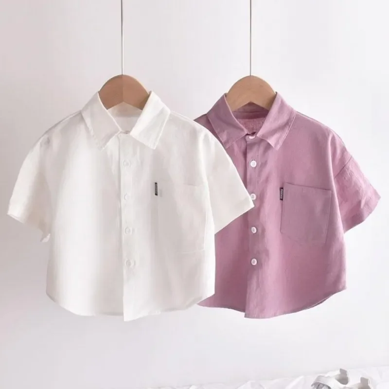 

Linen Shirt Blouses Baby Boy Solid Color White Pink Infant Toddler Child Shirt Short Sleeve Kid Outfit Baby Clothes 1-10Y Hemden