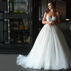 Princess Ball Gown For Bride Wedding Spaghetti Straps A Line Sweetheart Elegant Glitter Tulle Bridal Gown Vestido De Novia 2023