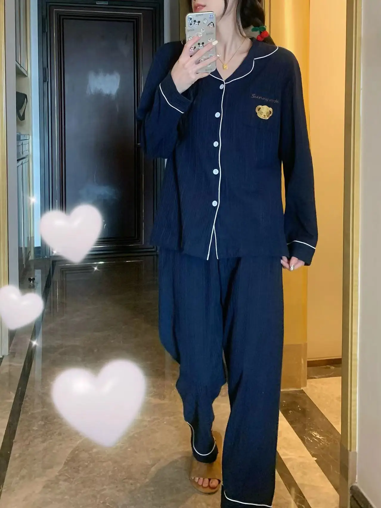 

Navy Blue Autumn Pajamas Set Women Cartoon Bear Embroidery Two Piece Home Suit Cotton Sweet Sleepwear Couple Lovers