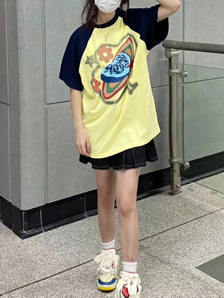 

Deeptown Japanese Style Patchwork T-shirts Women Harajuku Letter Graphic Print Short Sleeve Tee Korean Oversize Loose Top Cotton
