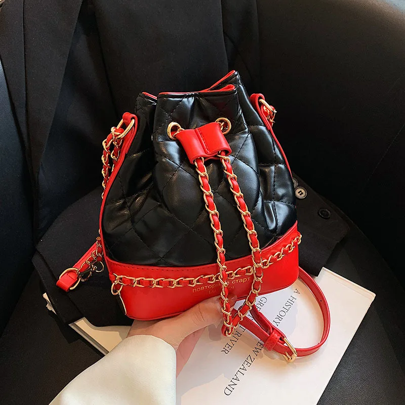 

2022 New Small Bucket Bag for Women Brand Design Lingge Chain Shoulder Bags PU Leather Crossbody Bags Ins Trendy Handbag Purse