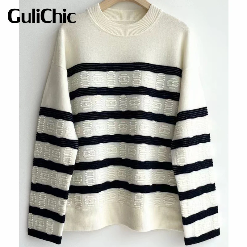 

9,16 GuliChic женский винтажный с круглым вырезом в полоску контрастных цветов мягкий удобный кашемировый трикотаж жаккардовый пуловер, свитер