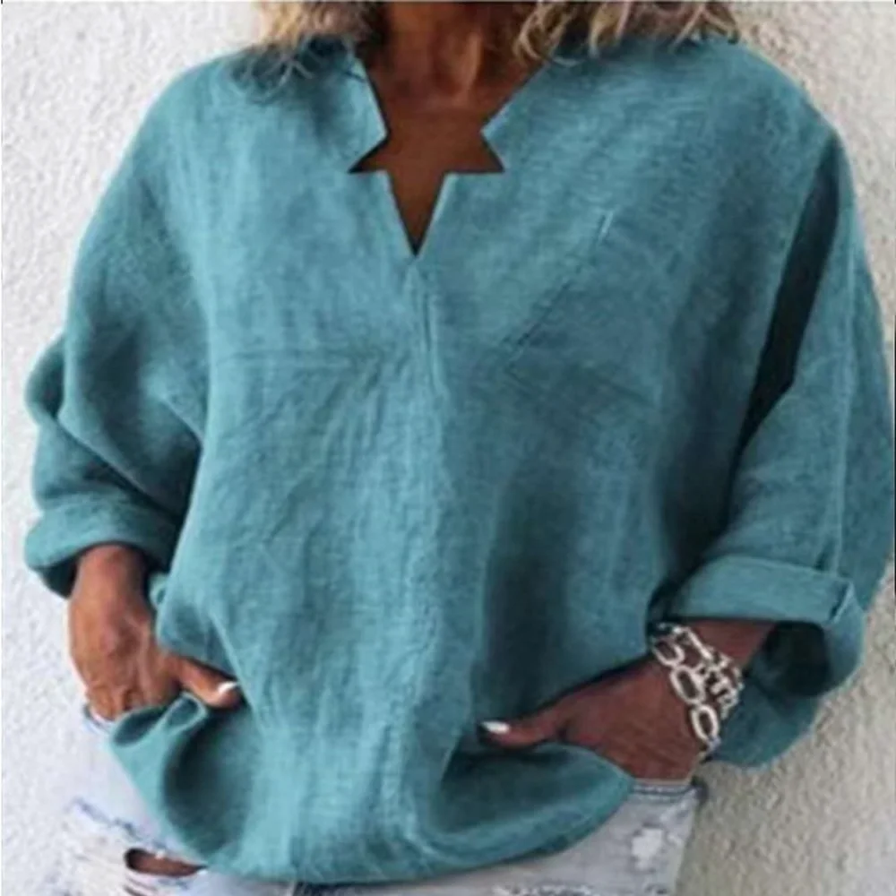 Enlarge Fashion Women's Blouse Cotton Linen Spring Casual V-neck Pullover Pure Color Mid-length Plus Size Long-sleeved Blouse Donsignet
