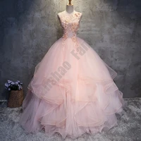 real pink quinceanera dresses o neck sleeveless sweet vestido appliques rhinestones luxury 3d flowers for 15 girls ball gowns