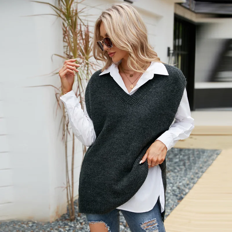 

2023 Autumn and winter casual tank top medium length sleeveless V-neck sweater loose outer wear knitted tank top