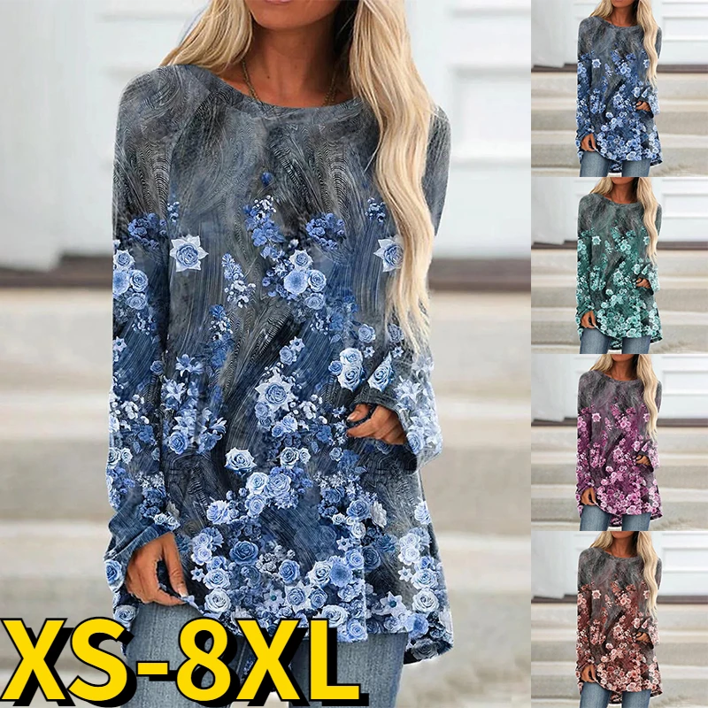 

2023 Fashion Casual Long Sleeve Spring Autumn Loose Size T-shirt Women Retro Flower Printing Pullover Round Neck Top Tee Shirt