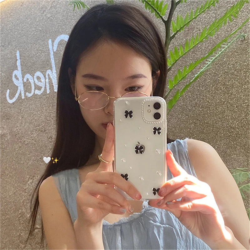 Korean INS Girl Bow Pearl Epoxy Phone Case For Apple For iPhone 13 12 11 Pro Max XR X XS Max 7 8 Plus SE 2 Glitter Clear Cover