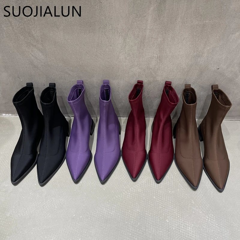 

Новые Брендовые женские ботильоны SUOJIALUN, модные женские элегантные короткие ботинки без шнуровки с острым носком, обувь Челси на низком ква...