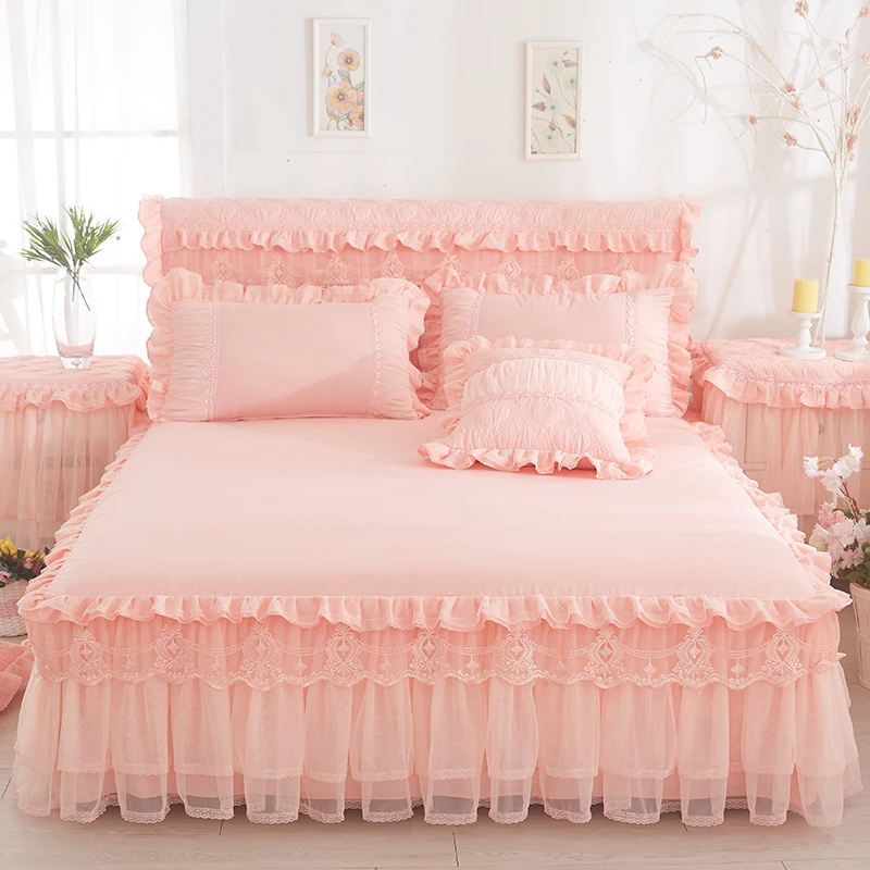 

3 Pieces Set Princess Lace Bed Skirt Pillowcases Sheet for Girl Bed Cover King Queen Size Bedding Set Princess Bedding Bedspread