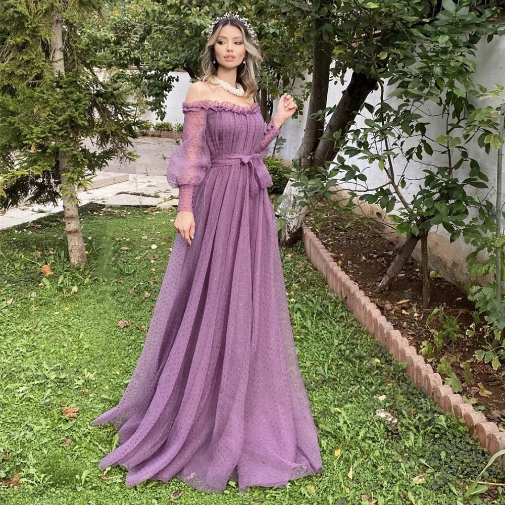 

Вечернее платье RANMO в горошек, ТРАПЕЦИЕВИДНОЕ бальное платье с открытыми плечами, бантом и оборками, вечернее платье из тюля с открытой спин...