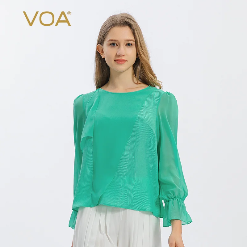 

VOA Silk Green Round Neck Long Sleeve Sweet Woman Tshirts Splicing Georgette Three-dimensional Loose-leaf Casual T-shirt BE1005