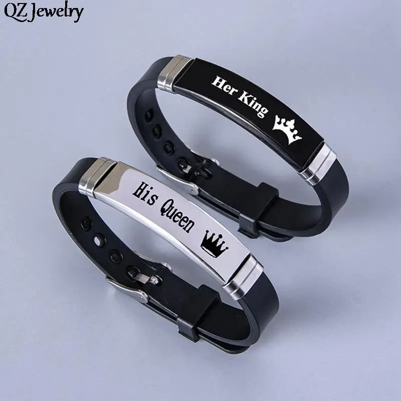 2pcs/set Fashion Couple Bracelet Bangle Stainless Steel Silicone Crown His Queen Her King Bracelet for Lover Couple Jewelry Gift