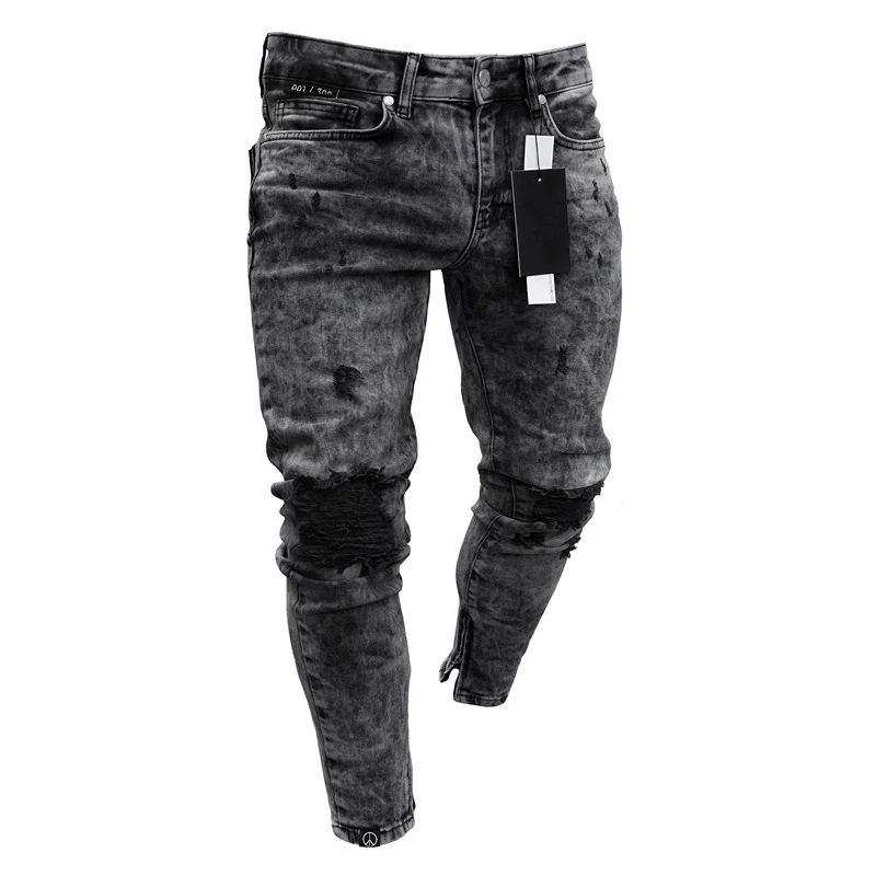 General Men Stretchy Skinny Biker Slim Fit Denim Scratched zipper Hip hop casual jeans High Quality Jeans gray