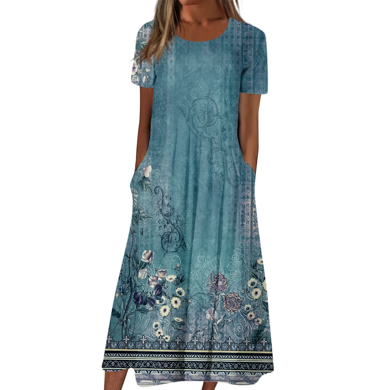 

Женское платье свободного покроя с круглым вырезом и цветочным принтом