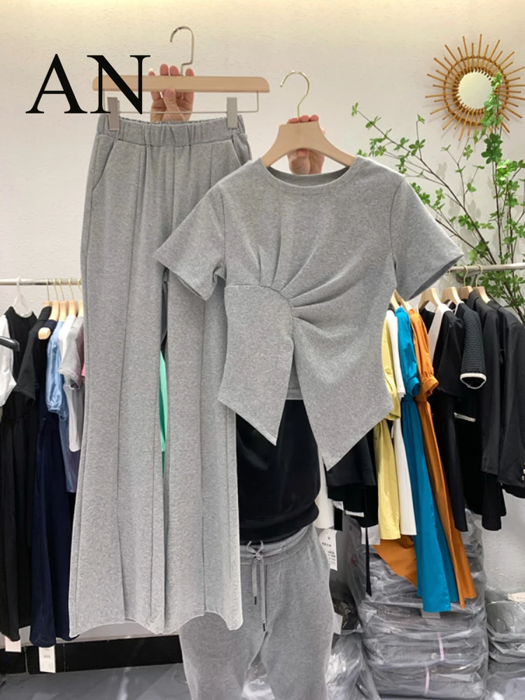 Новый Повседневный брючный костюм с разрезом новая облегающая короткая футболка