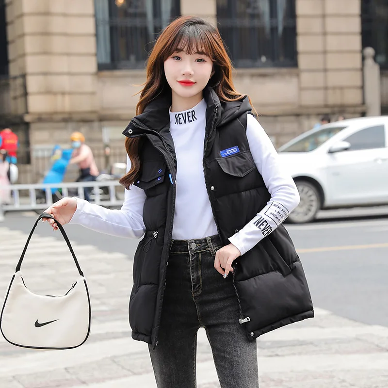 

2022 New Autumn Winter Fashion Cotton Vest Women Patchwork Sleeveless Hooded Collar Casual Waistcoat
