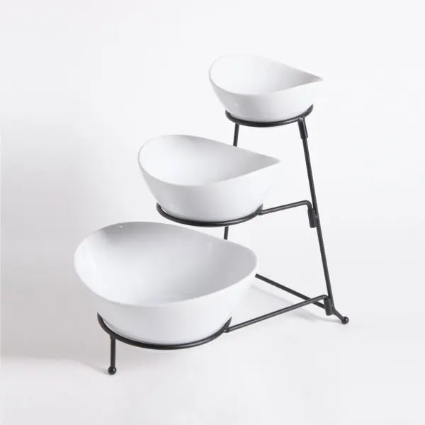 

，Three Tiered Serving Platters Deluxe Three Tier Bowl Server Set with White Metal Stand - Ideal for Serving Platters, Salads,