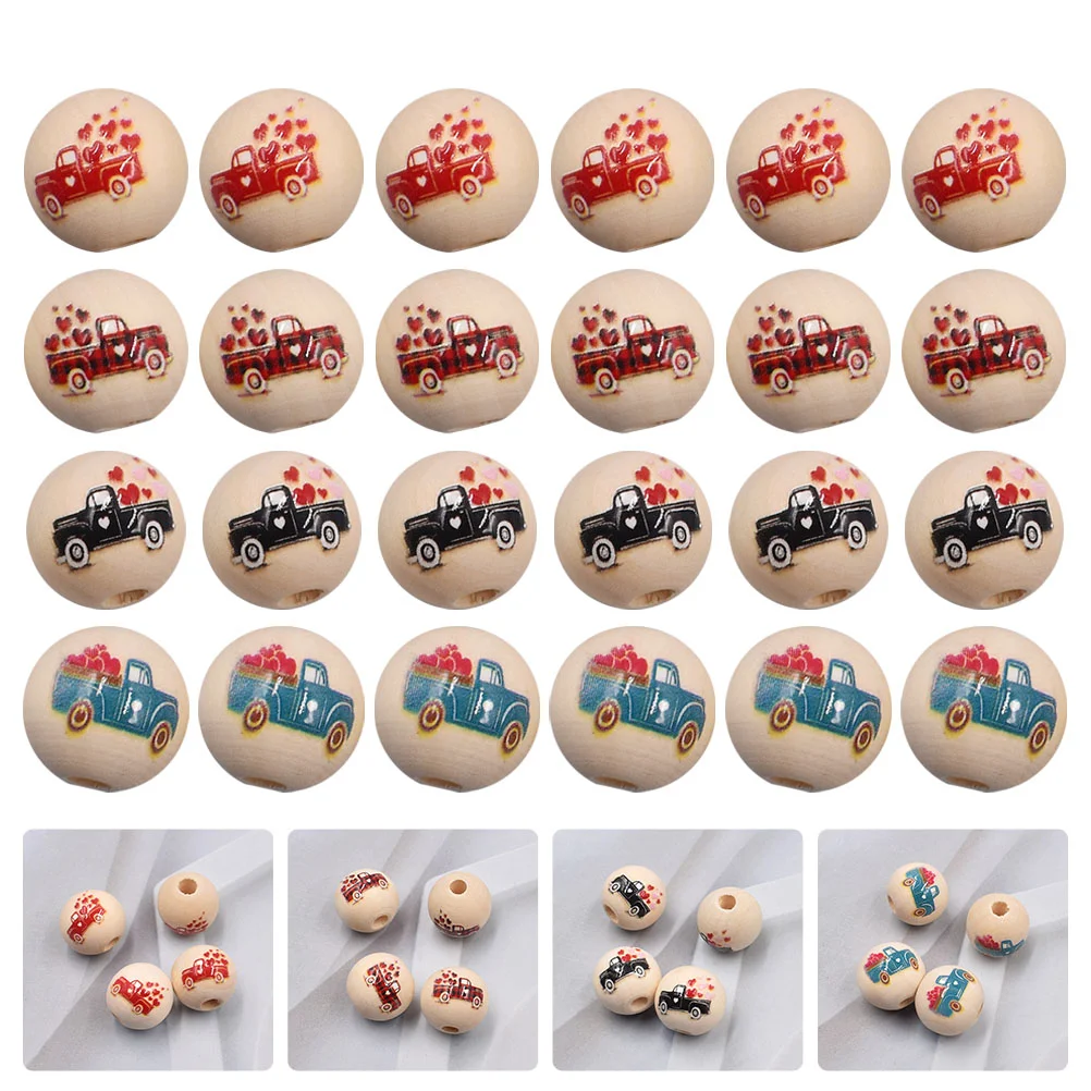 

40PCS Valentine's Day Round Wood Beads DIY Heart Car Pattern Wood Bead Accessories