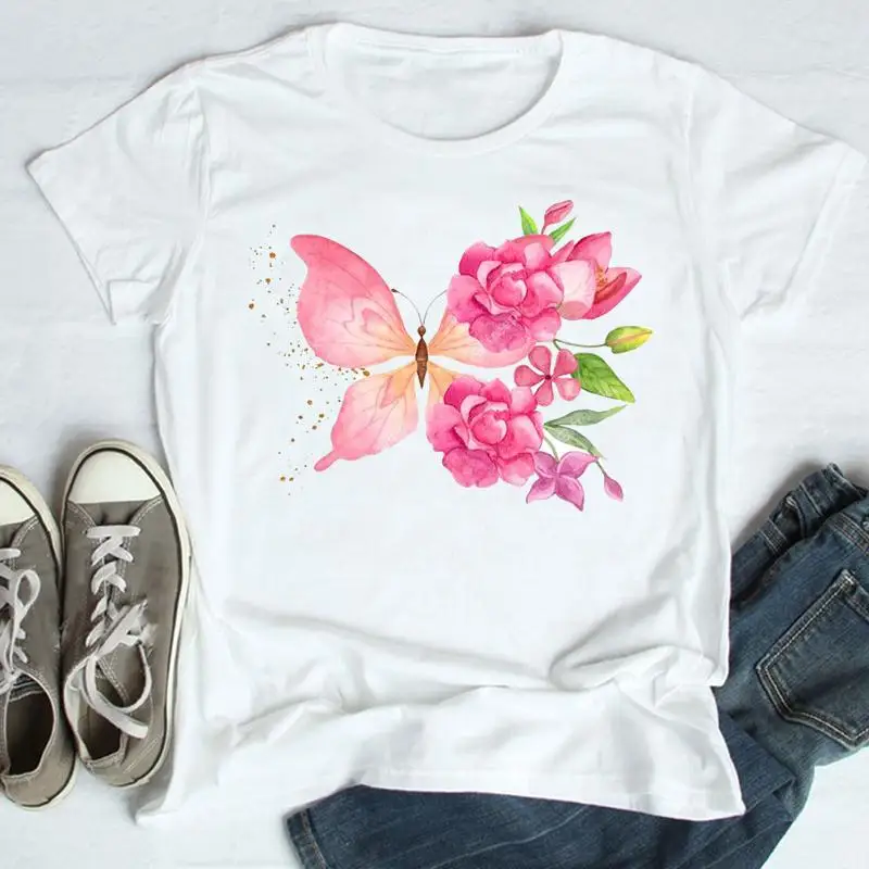 Купи Tees Women Flower Butterfly New Cute Print Summer Cartoon Print Female Clothes Tops Tshirt Fashion Short Sleeve Graphic T-Shirt за 169 рублей в магазине AliExpress