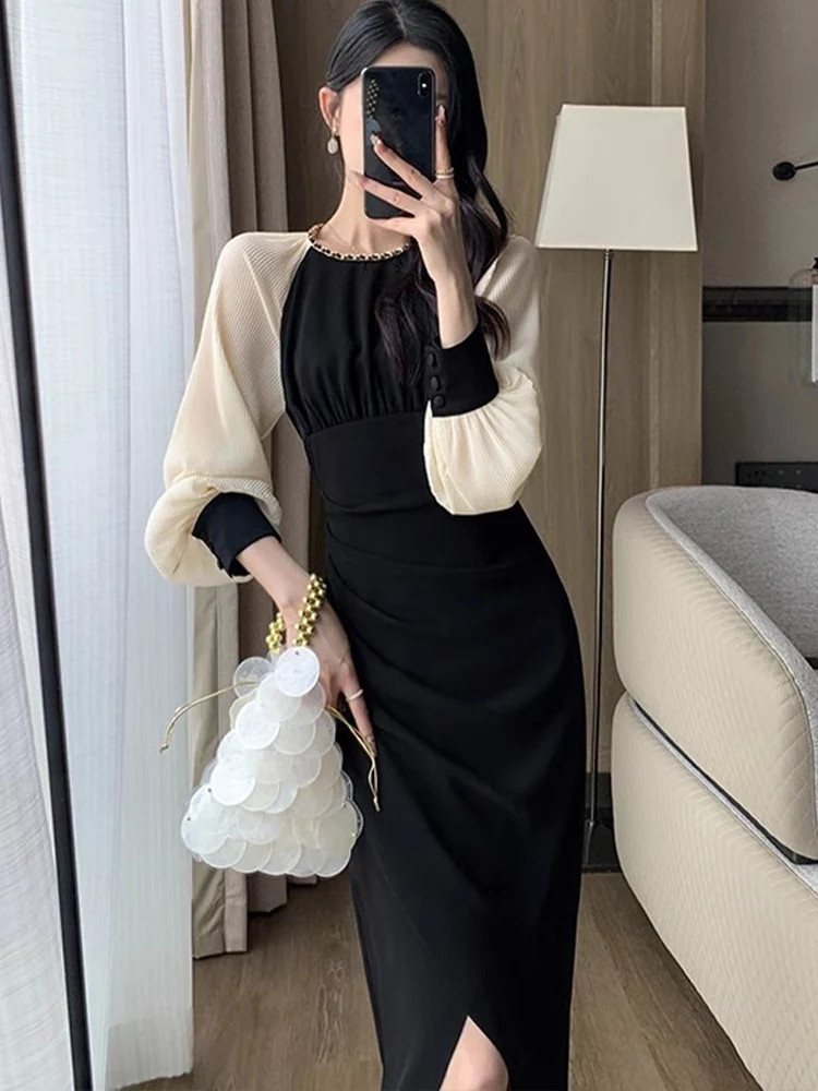 

2023 New Autumn Winter Dress Midi Dress for Women Long Sleeve Streetwear French Style Dress Slim Vintage Solid Folds O Neck