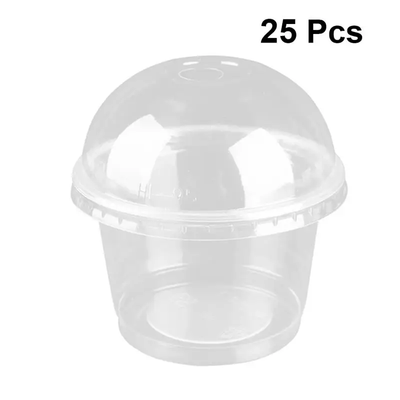 25pcs 250ml Disposable Salad Dessert Cup Transparent Plastic Dessert Bowl Container with Lid for Bar Home (Dome Lid with Hole)
