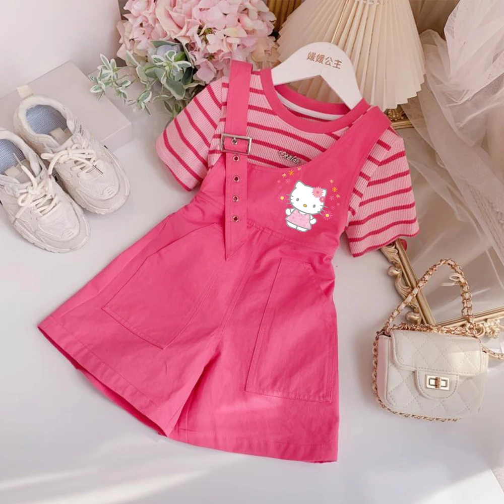 Sanrio T-Shirt Set for Girl Hello Kitty Cinnamoroll Anime Kawaii Y2K Summer Adjustable Strap Korean Version Tops Sweet Cartoon