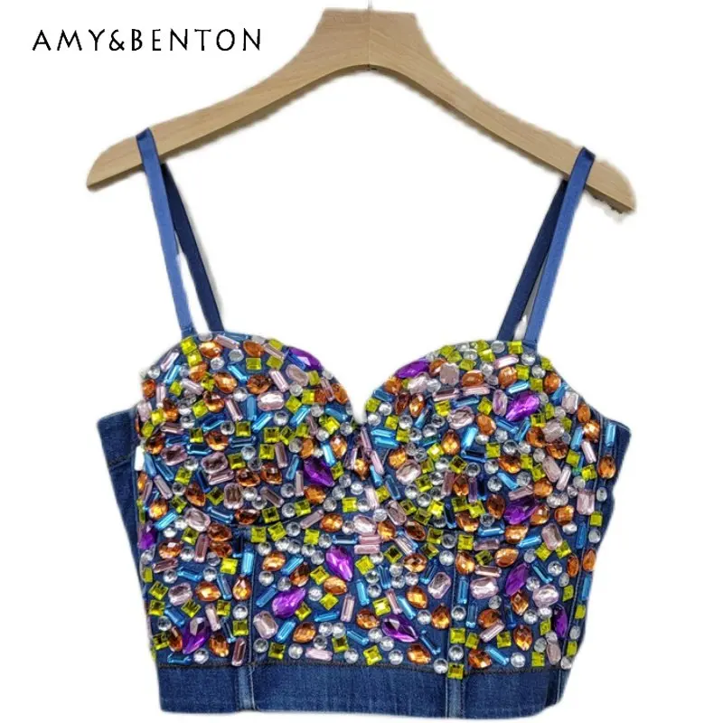 

2023 Summer Sexy Sling New Design Sense Heavy Industry Manual Order Gem Colorful Crystals Denim Camisole Female Strapless Top