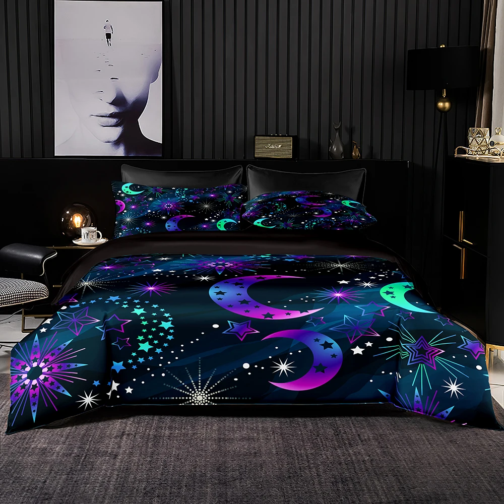 

White Shinny Star Bedding Set Pink Purple Moon Duvet Cover and Pillowcase Charming Colorful Quilt Cover Queen King Bed Accessory