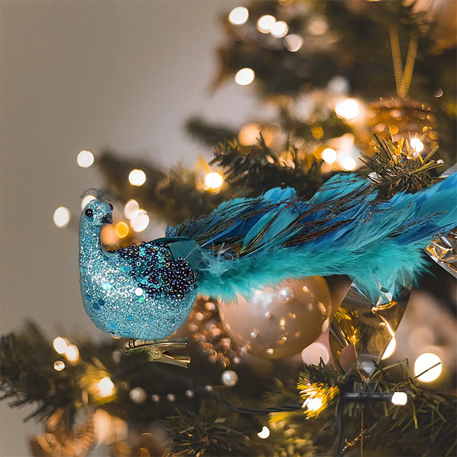

Glitter Teal Blue Peacocks Ornaments Artificial Peacocks Decoration With Clip Clip-on Birds Handmade Craft For Home Garden Yard