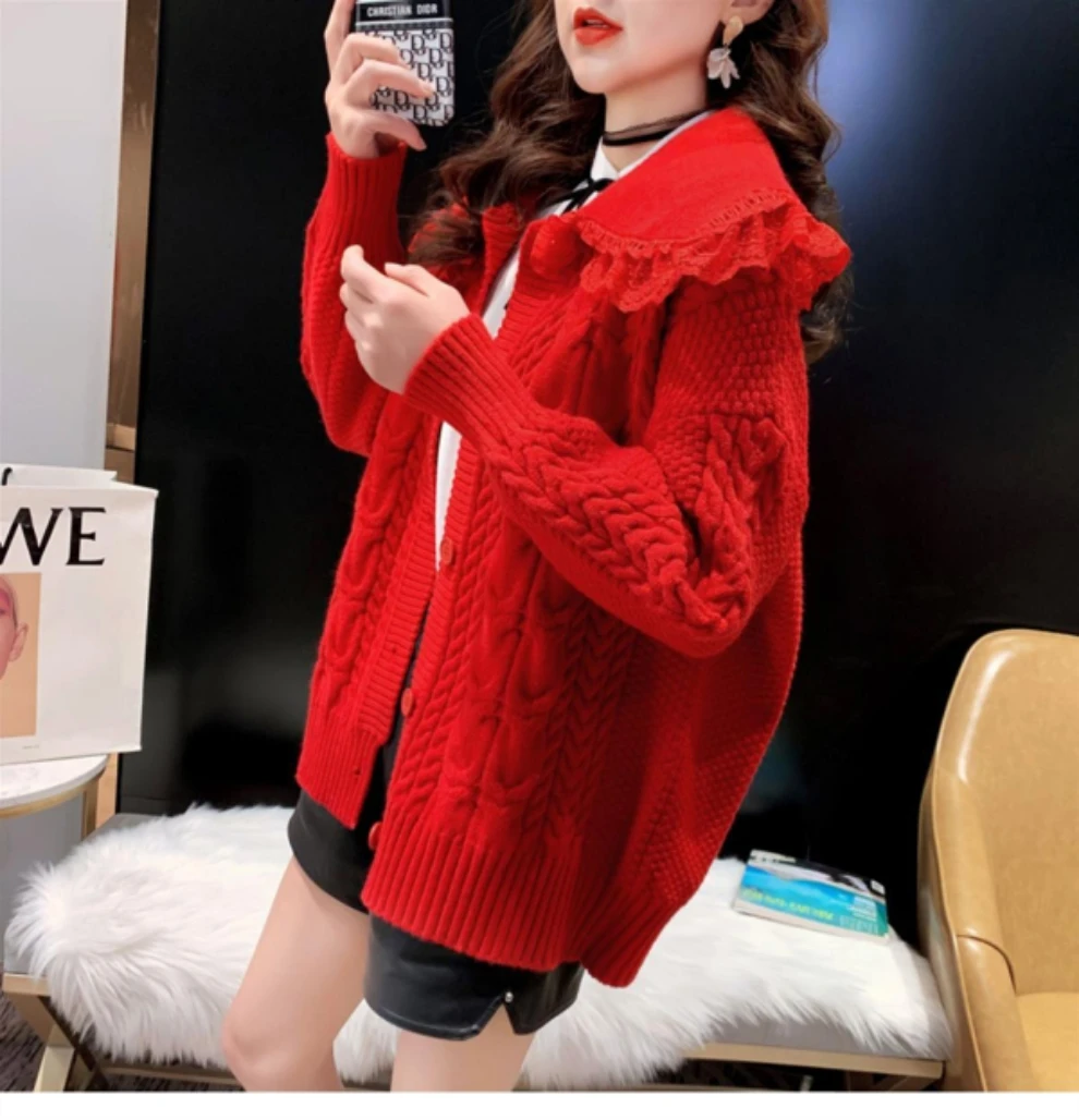 

Red Japan Korean Knitting Lady Girl Woman Blouse Shirt Women Sweater Cardigan Knit Tops Women's Sweaters Top Coat Cloth Suétere