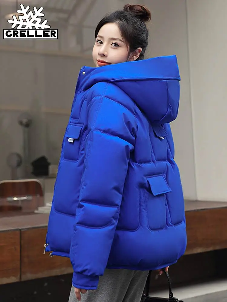 GRELLER  New 2022 Women Short Jacket Winter Thick Hooded Cotton Padded Coats Female Korean Loose Puffer Parkas Ladies Oversize