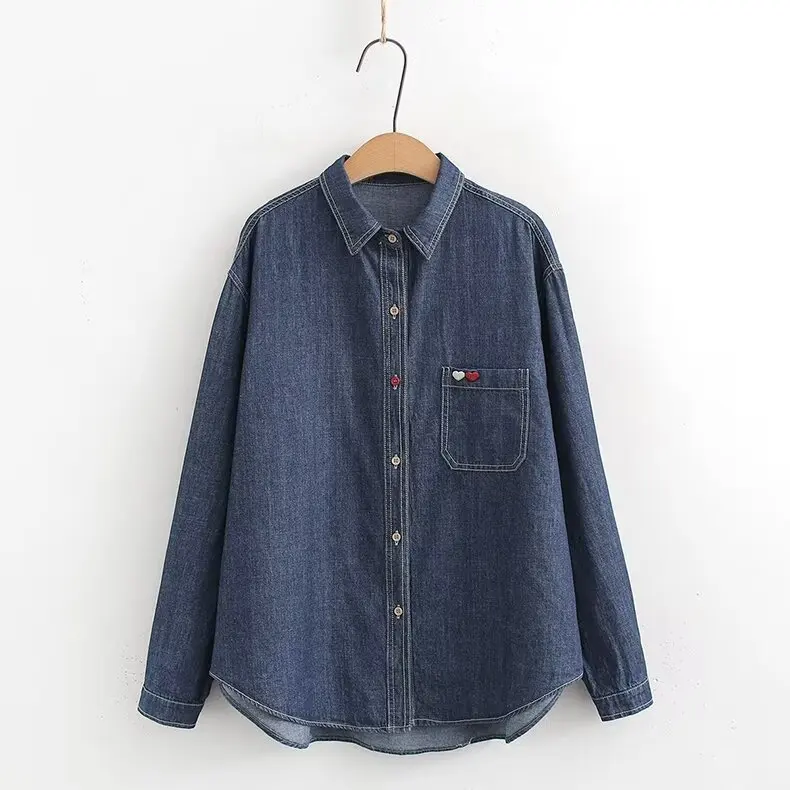 Женская джинсовая рубашка с длинным рукавом отложным воротником