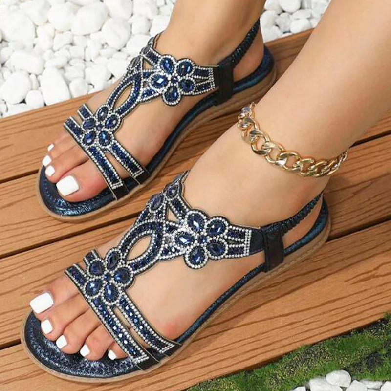Women Hollow Sandal Glamorous Rhinestone Decor Glamorous Sandals 2023 New Ankle Strap Summer Outdoor Slippers Casual Woman Shoes