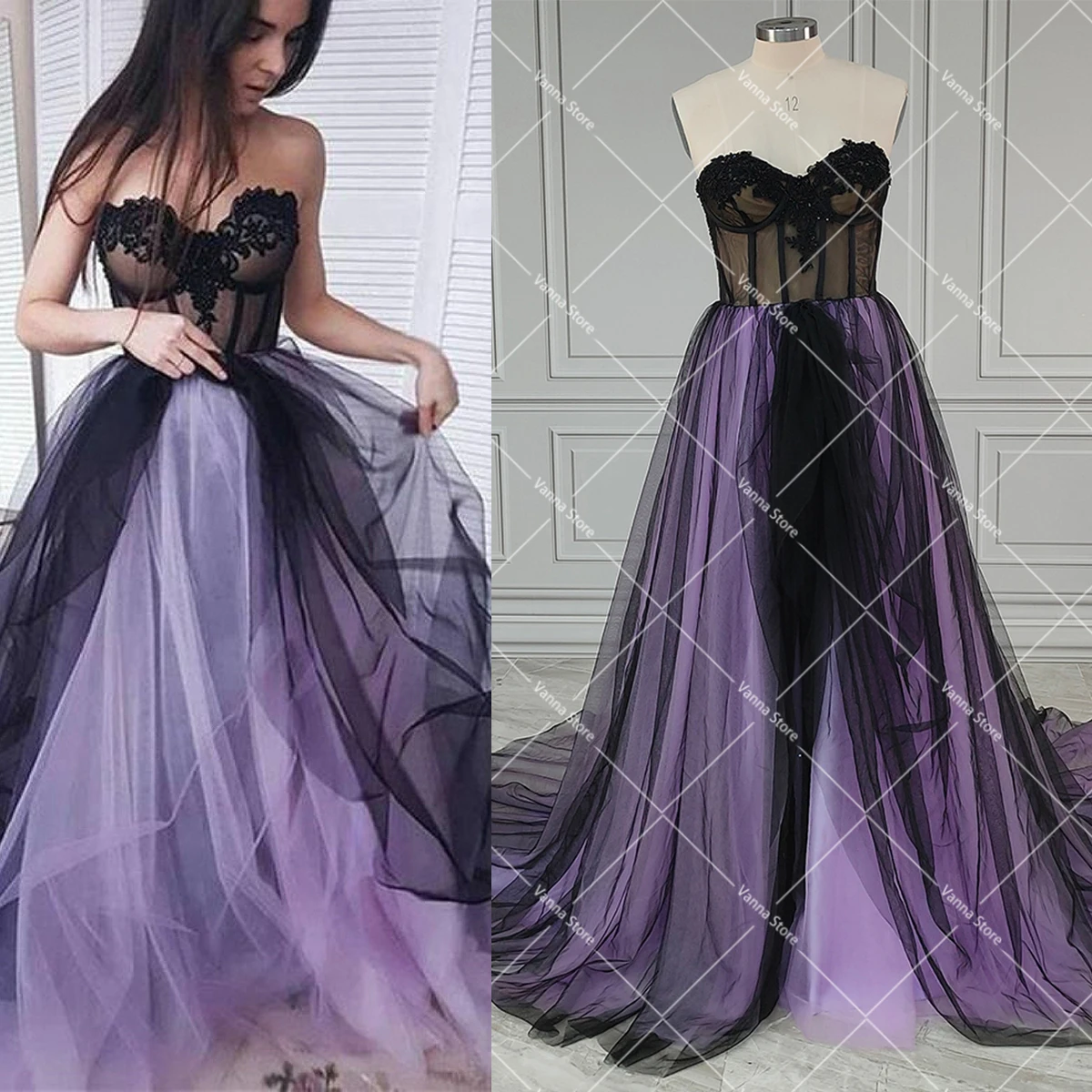 

Sweetheart Two Tone Black Purple Wedding Dress Custom Made Beading Lace Up Appliqued Strapless Colored Tulle Bridal Gown