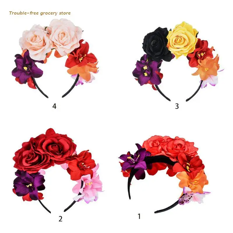 

Womens Simulated Rose Flower Crown Headband Day of The Dead Halloween Headpiece Colorful Fake Stamen Party Hair Hoop