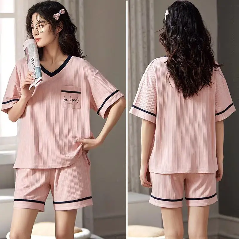 Women Pajama Sets Summer Cotton Pajamas Girls Cartoon Night Wears  Suit Casual Sleepwear Short Sleeve Nightgown Homewear Fashion