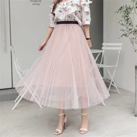 tutu sheer net mesh women maxi skirt tulle pleated fashion high waist long dress