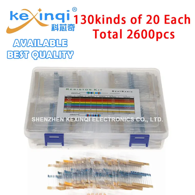 2600pcs/box Metal Film Resistance Set 1/4W DIP Color Ring Resistor 1% Accuracy 0.25W Resistance Value Commonly Used 130 Blue